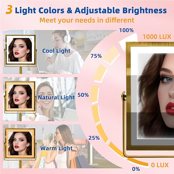 Ruacq Makeup Mirror with Lights, 4000mAh Rechargeable Magnifying Mirror with Light, 1X/10X, Height Adjustable Bathroom Vanity Mirror, 3 Colors, Adjustable Brightness (Antique Brass)