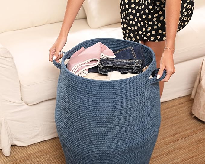 26"x20" Handcrafted Tall Cotton Rope Basket with Lid, Stylish Flagon Shape with Cover, Clothes Hamper with Top, for Bedroom and Living Room, All Dark Blue