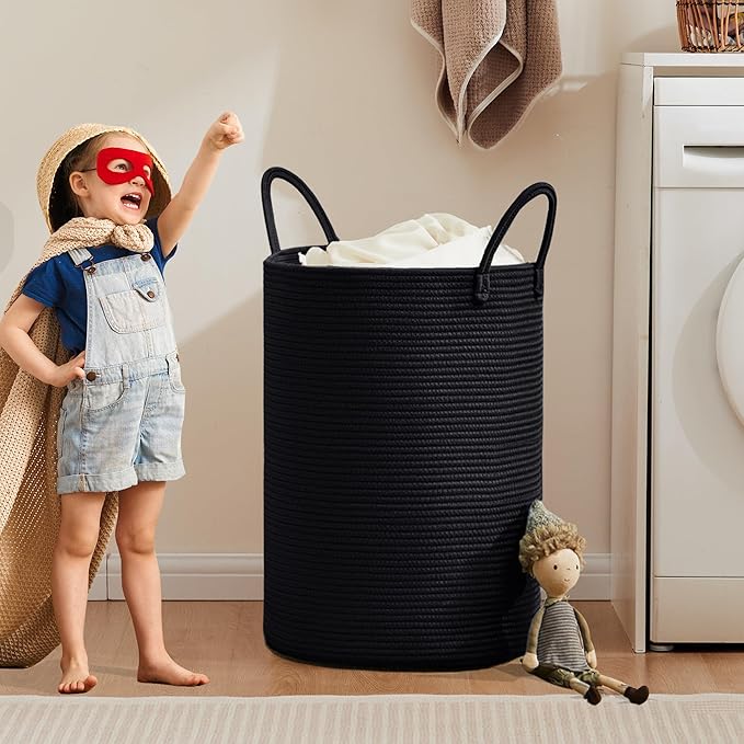 80L Black Woven Rope Hamper Laundry Basket for Clothes Tall Modern Blanket Storage Basket in Living Room Bedroom Extra Large 16"L x 16"W x 22"H