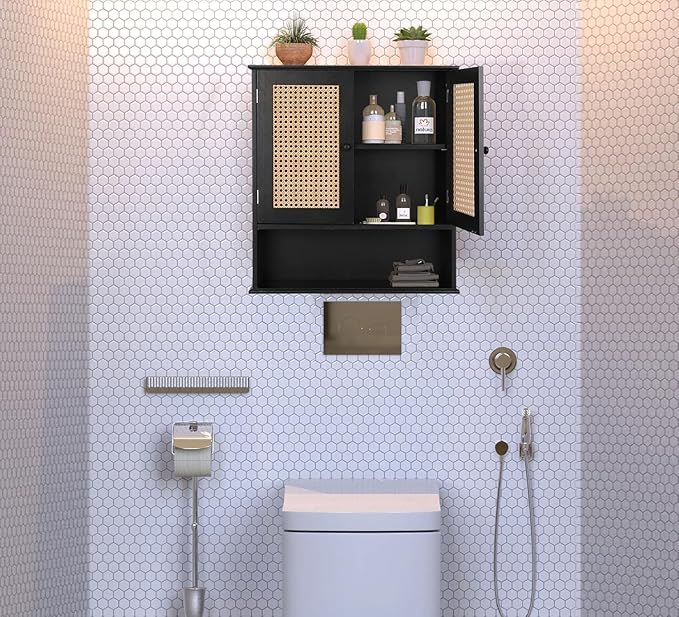 ZYBT Bathroom Medicine Cabinet Wall Mounted,Black Rattan Storage Towel Cabinet for Bathroom Storage Over The Toilet, Floating Hanging Cabinet for Small Spaces Kitchen Laundry Living Room