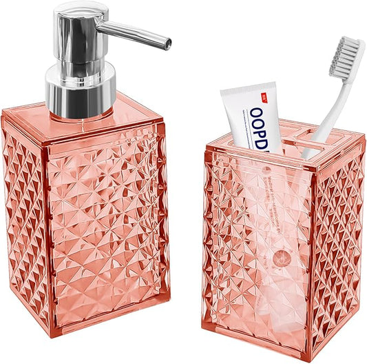 2PCS Light Pink Bathroom Accessories. Contain Soap Dispenser and Toothbrush Holder Set. Boho Bathroom Set for Blue Bathroom Décor