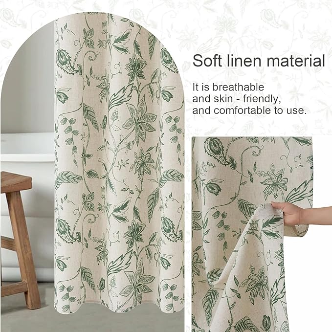 ORTIGIA Linen Shower Curtain Farmhouse Vintage Green Floral Shower Curtains Boho Rustic Cottagecore Curtains for Bathroom Decoration 72 W x 72 L