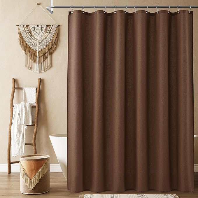 Naturoom Caramel Brown Linen Shower Curtain, Country Boho Farmhouse Bath Decor Shower Curtains Neutral Cloth Weighted Textured Fabric Bath Curtain Liner with Hooks, 72x78