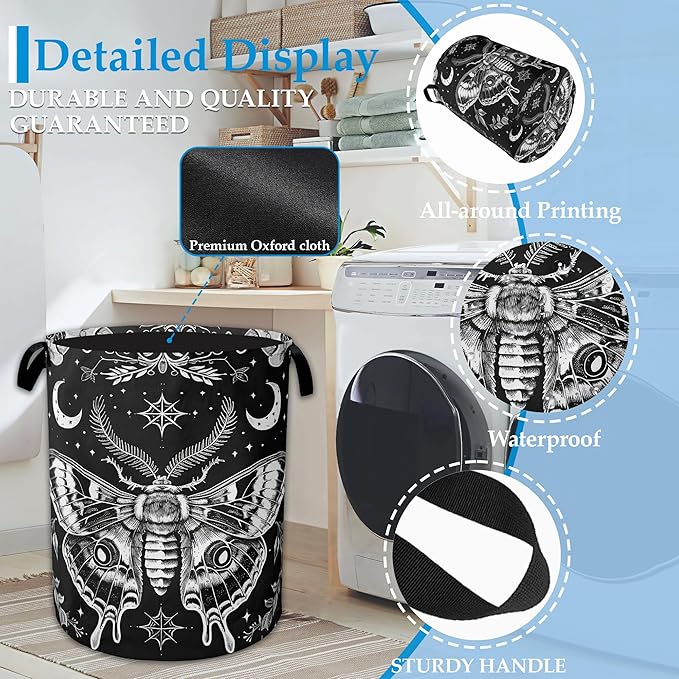 Butterfly Moon Laundry Basket Collapsible Laundry Hamper with Handle, Oxford Clothes Toy Storage Bin for Bathroom Bedroom Room Décor 16" X 20.8"