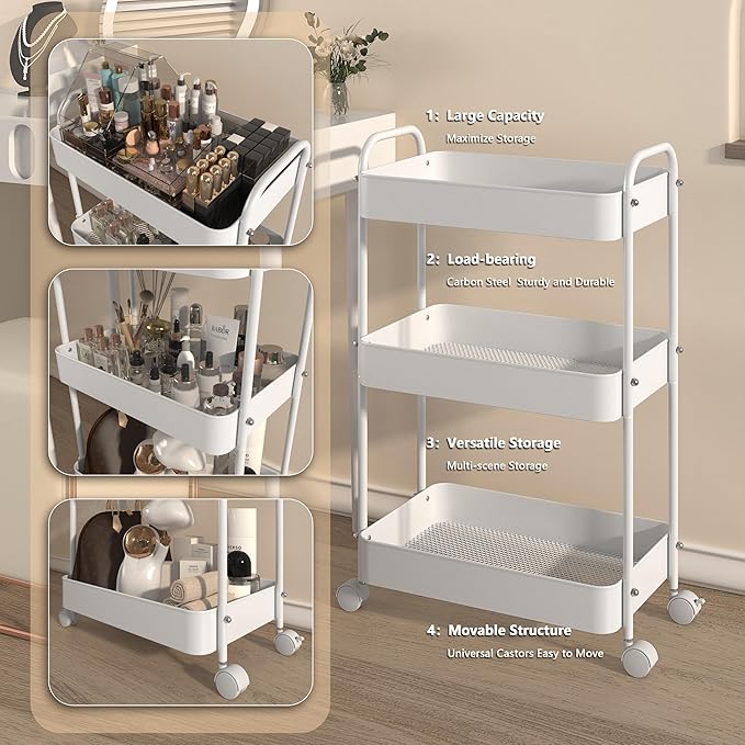 3 Tier Makeup Organizer Cart, Skincare Organizer Floor Carts with Wheels, Vanity Cosmetic Organizer Storage, Nail Polish Hair Tool Display Case Holder, Easy to Assemble