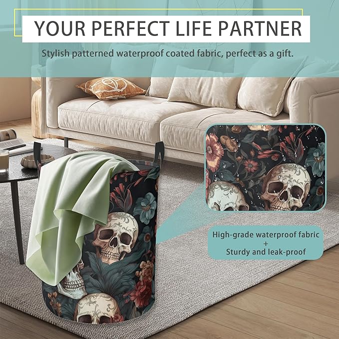 Laundry Hamper Foldable Oxford Cloth Retro Skull Flower Laundry Basket With Handle Portable Clothes Storage Organizer Basket Storage Bag For Laundry Room/Bedroom/Bathroom