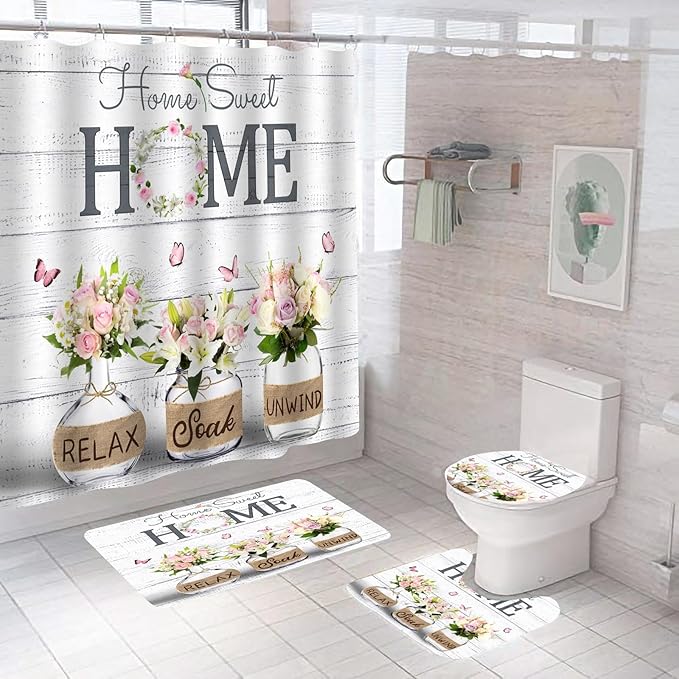 ALEXEX 4 PCS Pink Roses and Lilies Shower Curtain Sets,Home Sweet Bathroom Set with Shower Curtain and Rugs and Accessories,Farmhouse Country Shower Curtain Bathroom Decor with 12 Hooks,72 X 72 Inches
