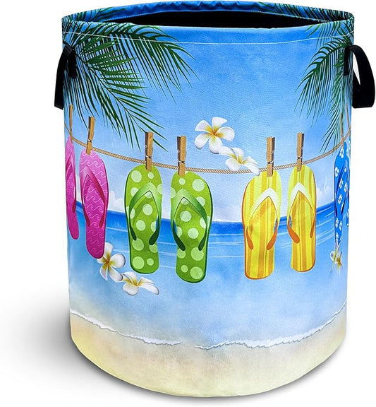 Hawaii Beach Flip Flops Laundry Basket Seaside Foldable Oxford Cloth Funny Tote Bag Laundry Hamper Clothes Storage Bucket Toy Organizer For Bathroom/Laundry Storage/Bedroom 18.9x16.5 Inch