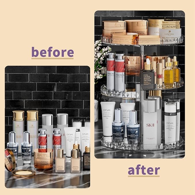 360° Rotating Makeup Organizer, Diamond Pattern DIY 5 Adjustable Layers Skincare Clear Cosmetics Organizer for Vanity Countertop with Perfume Tray