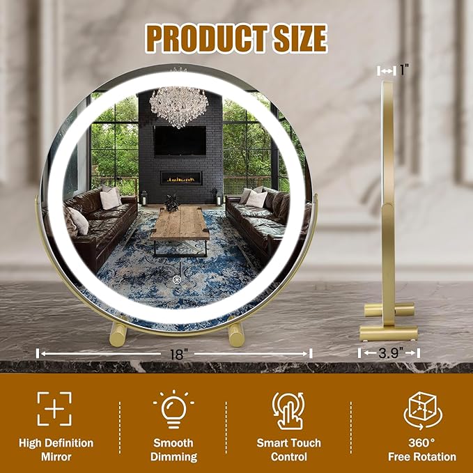 Vanity Mirror with Lights, 18" LED Makeup Mirror, HD Professional Mirror, Smart Touch with 3-Color Lighting, Dimmable, 360° Rotation, Lighted Up for Makeup Desk, Bedroom (Gold)