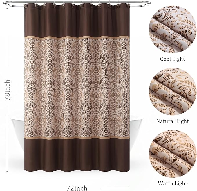Long Brown Fabric Shower Curtain, Waterproof for Bathroom with Tan Gold Printed Boho Paisley Damask Pattern, 72" W x 78" H