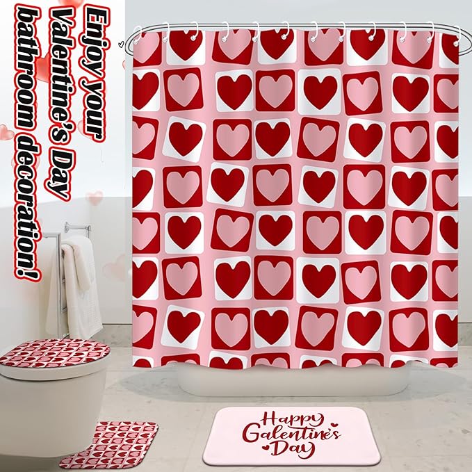 Drydiet 4 Pcs Galentine 's Day Shower Curtain Set, Plaid Heart Curtain Happy Galentine's Day Non Slip Rugs Toilet Lid Cover U Shape Bath Mat and 12 Hooks Bathroom Supplies for Home Decor