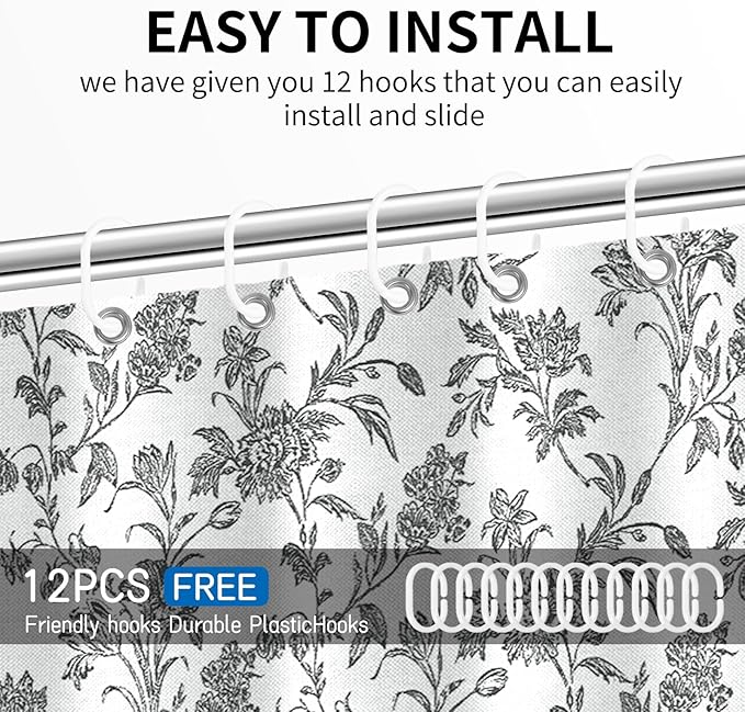 Seorsok Black Shower Curtain,Sage Cotton Floral Cottagecore,Elegant Floral Fabric Shower Curtain Machine Washable Waterproof Bathroom Decor 72'Wx72'L inches