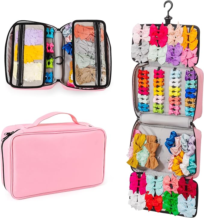 2 in 1 Newly Designed Headband & Hair Bow Organizer for Girls Display Bag - Large Capacity Girls Hair Accessories Organizer, Holds Hair Clips, and Hair tie with a Rotating Hook, Travel-Friendly.