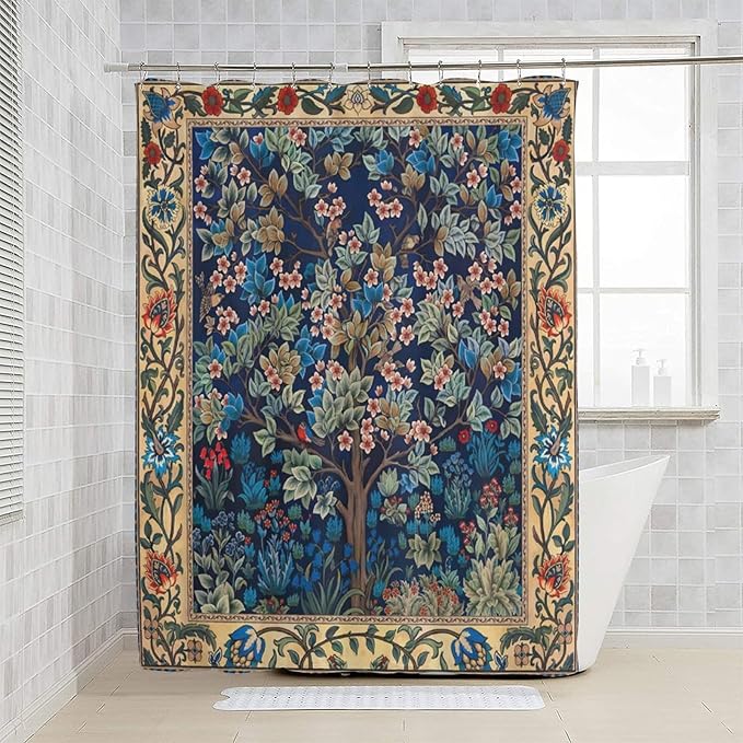 Boho Shower Curtains William Morris Art Retro Design Flower Trees Pattern Printed Shower Curtains 72""×84"" Inch, Style