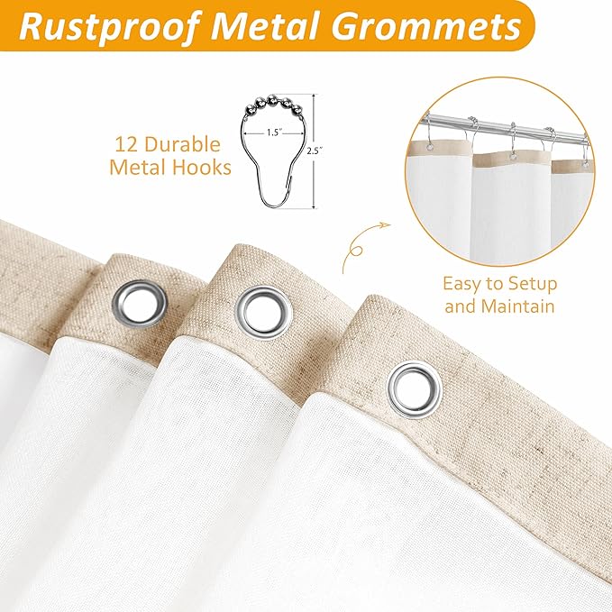 Naturoom Natural Linen Shower Curtain with Snap in Liner Set Rustic Farmhouse Shower Curtains for Bathroom 200GSM Textured Cream Burlap Cloth Double Bath Curtains with See Through Top Window 72x78