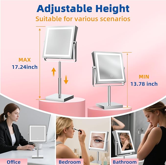 Ruacq Makeup Mirror with Lights, 4000mAh Rechargeable Magnifying Mirror with Light, 1X/10X, Height Adjustable Bathroom Vanity Mirror, 3 Colors, Adjustable Brightness (Chrome)