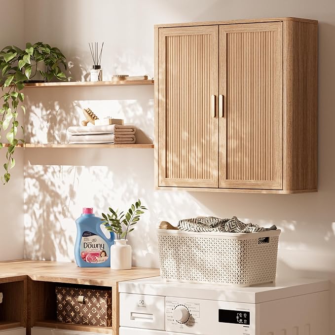 INNOD Bathroom Storage Cabinet, Over The Toilet Storage Cabinet, Medicine Cabinet with Adjustable Wood Shelf & Doors for Laundry Room & Kitchen & Living Room (Natural Oak)