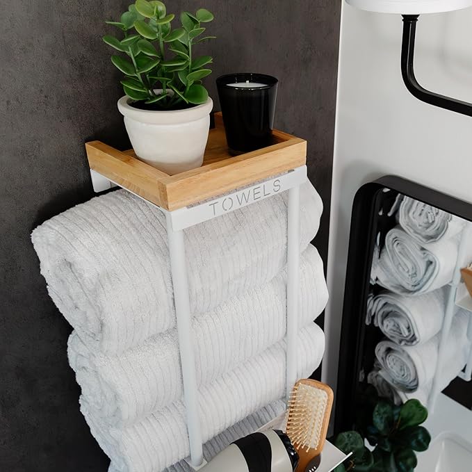 Over The Door/Wall Mounted Towel Rack - Modern Door & Wall Towel Holder for Rolled Towels with Hair Slot Dryer & Multipurpose Cup Holder - Hanging Towel Rack for Bathroom Holds 6 Large Towels - White