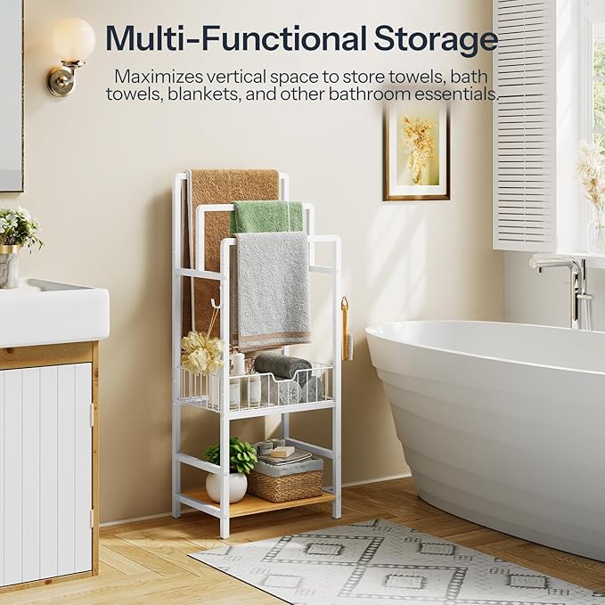 HOOBRO Free Standing Towel Rack, Blanket Rack with 3 Towel Bars, Storage Basket and Shelf, Towel Holder with Hook, Blanket Organizer, for Bathroom and Laundry, White and Natural WN13LB01
