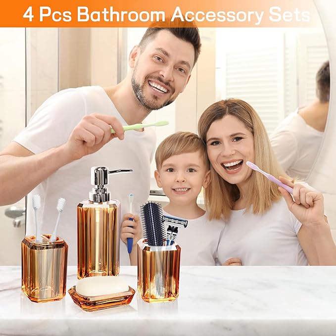 Bathroom Accessories Set,4 Pcs Premium Acrylic Bathroom Accessory Set Complete w/Lotion Soap Dispenser,Mouthwash Cup,Soap Dish,Toothbrush Holder,Orange Bathroom Decor Sets,Gift for Home Apartment