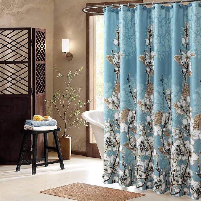 Blue Brown Floral Shower Curtain for Bathroom, Vintage Hanakotoba Flower Fabric Shower Curtains, Waterproof Botanical Shower Curtain, Retro Plant Print Bathroom Curtains, 72" W X 72" H