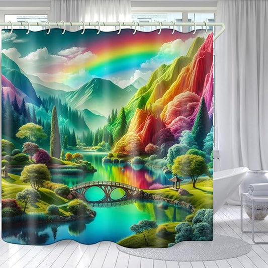 Shower Curtains, Colorful Mountain Theme Design Art Shower Curtains, Bathroom Decoration Set, 12 Shower Curtain Hooks (72 "Wx72 L) Inch Waterproof Shower Curtain.
