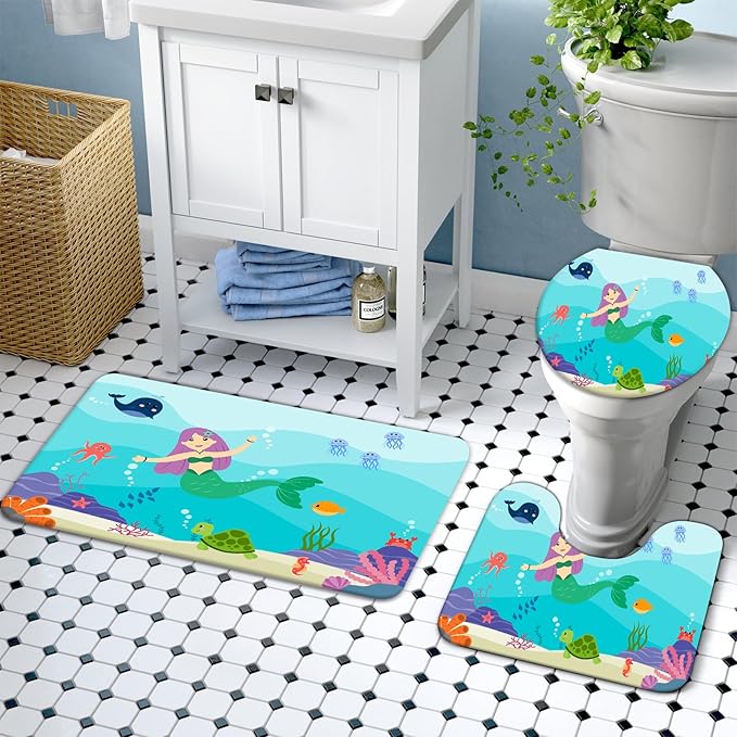 Lnond 4 Pcs Kids Bathroom Shower Curtain Set, Blue Mermaid Bathroom Sets for Kids Bathroom Decoration with Shower Curtain, Non Slip Bathroom Rugs, Toilet Lid Cover, U Toilet Mat and 12 Hooks