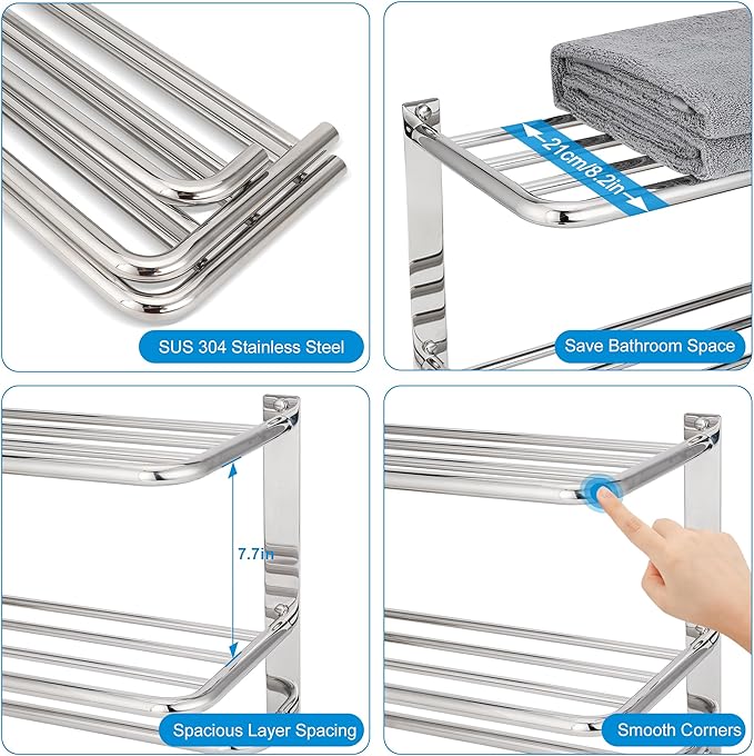 Towel Rack for Bathroom, DEWVIE 24 Inch Tower Holder with Tower Bars, SUS 304 Stainless Steel Lavatory Bath Towel Shelf Towel Hanger Wall Mount, 3-Tier (Brushed Nickel)