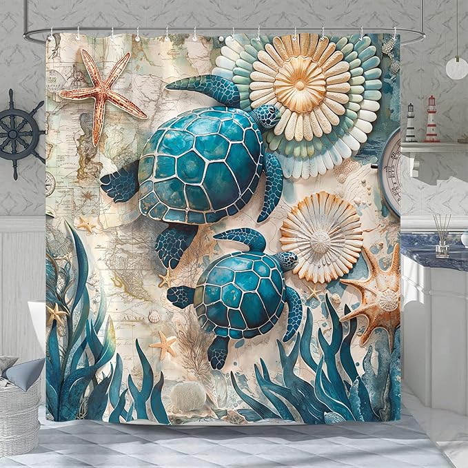 Accnicc Nautical Sea Turtle Shower Curtain Vintage Ocean Teal Blue Turtles Seashell Starfish Shower Curtains for Bathroom 3D Retro Map Beach Coastal Waterproof Fabric Bath Curtain Decor 72 X 72 Inch