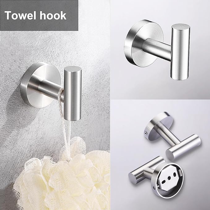 5 Pieces Brushed Nickel Bathroom Hardware Set Include 16inch Towel Bar,2pcsTowel Hooks,Toilet Paper Holder,Hand Towel Ring Round SUS304 Stainless Steel Bathroom Accessories Set Heavy Duty Wall Mounted