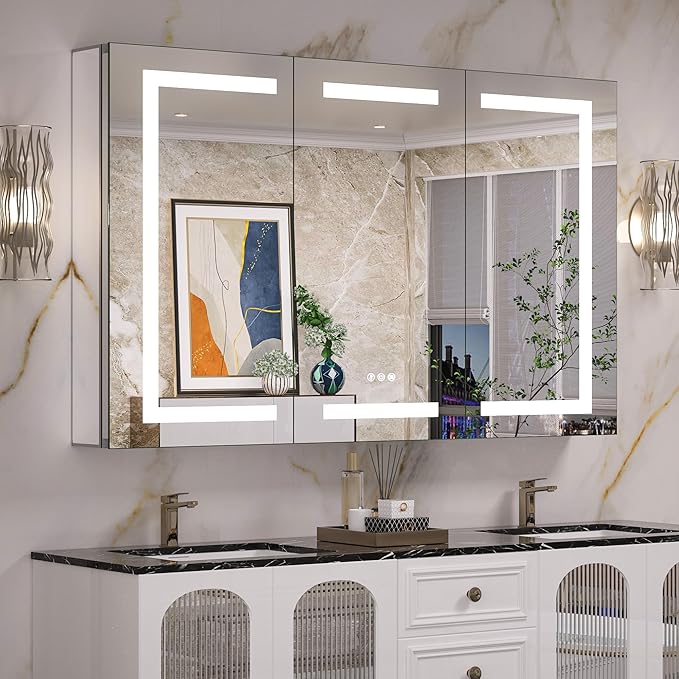 Keonjinn 48 x 32 Inch Lighted Medicine Cabinet for Bathroom with Outlets, Anti-Fog Lighted Medicine Cabinet with Mirror 3 Colors Dimmable, Tempered Glass 2-Side Front Lit Bathroom Mirror with Storage