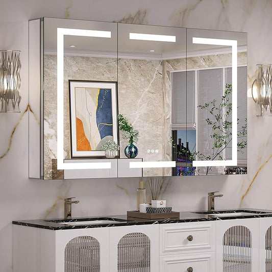 Keonjinn 48 x 32 Inch Lighted Medicine Cabinet for Bathroom with Outlets, Anti-Fog Lighted Medicine Cabinet with Mirror 3 Colors Dimmable, Tempered Glass 2-Side Front Lit Bathroom Mirror with Storage