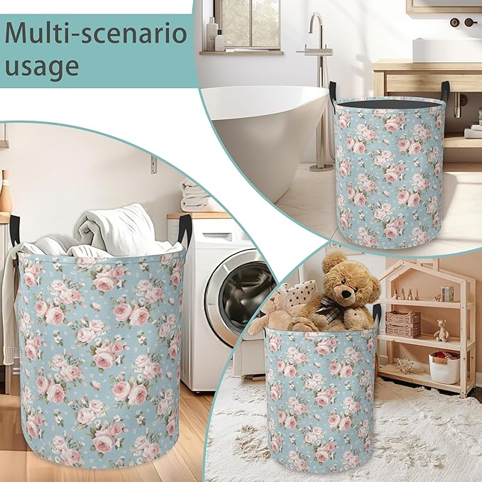 Laundry Basket With Handle, Dirty Clothes Laundry Hamper, Oxford Cloth Bin Storage Organizer for Toy Collection (Pink Flowers)