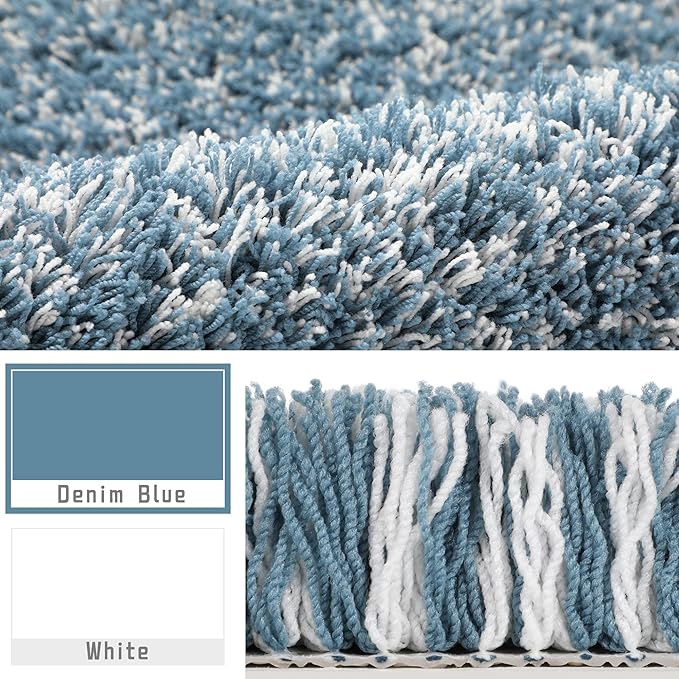 Yimobra Bathroom Rugs Non Slip Washable, Ultra Soft and Water Absorbent Bath Mats, Plush Fluffy Shower Mat Outside, Microfiber Thick Matts for Bathroom Floor/Sink, 24x17, Denim Blue and White