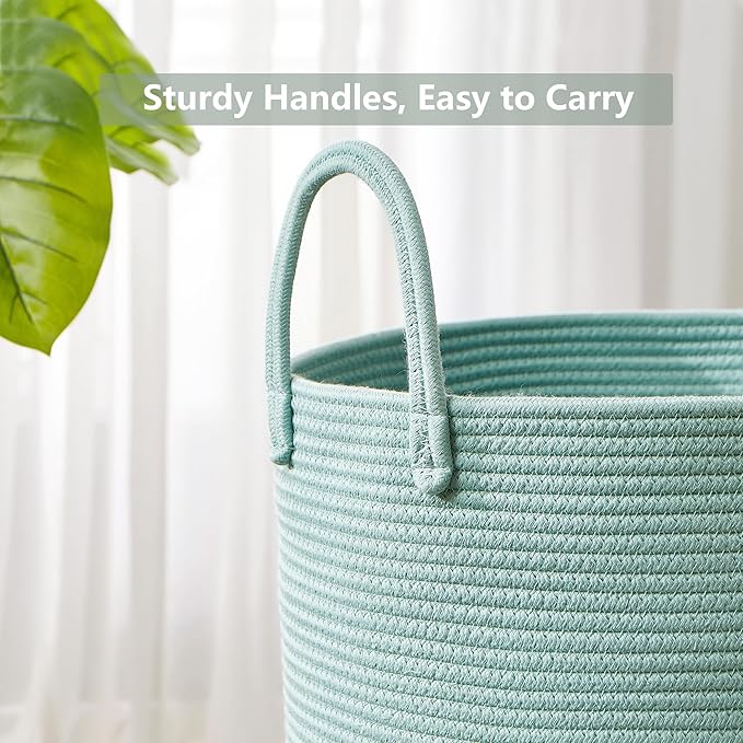 15Dx20H inches Tall Green Hamper Cotton Rope Laundry Basket Woven Hamper for Clothes Blanket Storage in Bedroom Livng Room for Baby Nursery Kids Toys Organize 62L Capacity