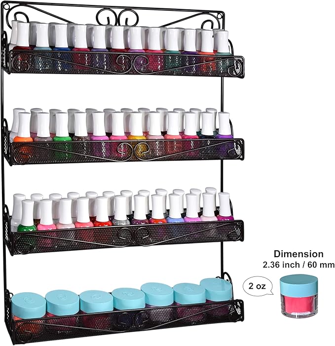 AMT 4 Tier Nail Rack, Pack Metal Wall Mount Organizer, Essential Oils Organizer, Pantry Cabinet Door Shelf Storage. Hanging Display for Spice Jars, Sauces, Cosmetic Beauty Bottles