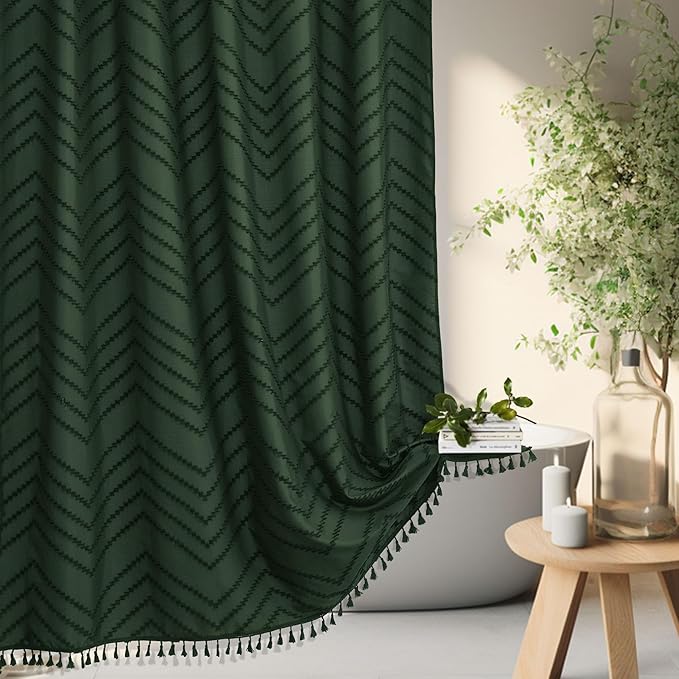 Extra Long Dark Green Boho Shower Curtain with Tassel, Woven Fabric 90 in, Tufted Chevron Striped, 72 x 90, Modern Chic Textured Minimalist Bathroom