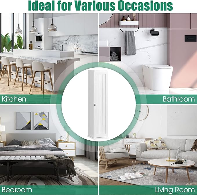 Free Standing Tissue Cabinet, Toilet Paper Holder w/ 3 Detachable Shelves, Hinged Door, Top Slot, 4-Tier Large Capacity & Compact Size, Suitable for Bedroom, Living Room, Bathroom, White