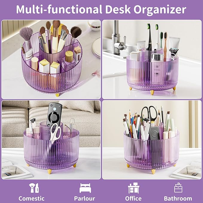 Clear Rotating Makeup Organizer Countertop for Vanity, 360?? Makeup Brush Holder Organizer with 5 Compartments, Transparent Cosmetic Storage for Lipstick, Skincare, Bathroom Counter(Transparent Purple)