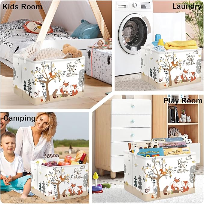 Forest Animals Laundry Hamper Woodland Tree Large Storage Basket Parents Organizer Kids Clothes Toy Bins for Bedroom, Bathroom, Fox, 36L