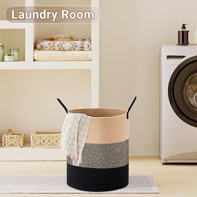 Tall Laundry Basket with Handles, 100L Portable Dirty Clothes Hamper, Boho Cotton Rope Storage Bin for Blankets Kids Toys, Extra Large Organizer for Nursery Bedroom Bathroom, Brown & Black