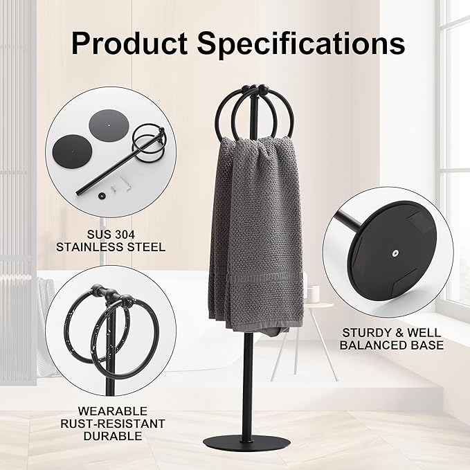 Adjustable Black Towel Rack,Freestanding Bathroom Towel Holder