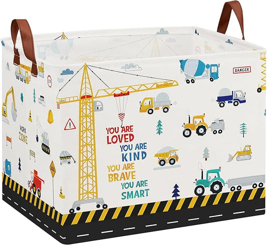 Construction Nursery Decor Hamper Car Baby Gift Basket Transport Trucks Excavators Toy Box Bin Empty Larger Rectangular Kid Clothes Book Shelf Toy Organizer Bin for Baby Boys