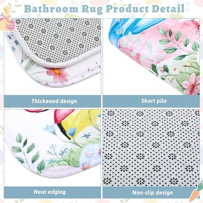 Hahafelt 4 Pcs Spring Easter Bunny Shower Curtain Sets 71 x 71 Inch Shower Curtain with 12 Hooks, Toilet Lid Cover, U Shape Bath Mat, Rectangular Bath Mat Easter Bathroom Decor Accessories