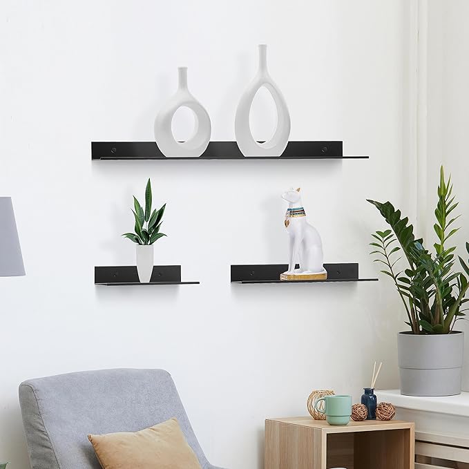 Z metnal Bathroom Shelf, Small Floating Wall Shelves, Decorative Ledge Shelf, Aluminum, Wall Mounted, Matt Black, 16/12/8 inch, 3 Packs