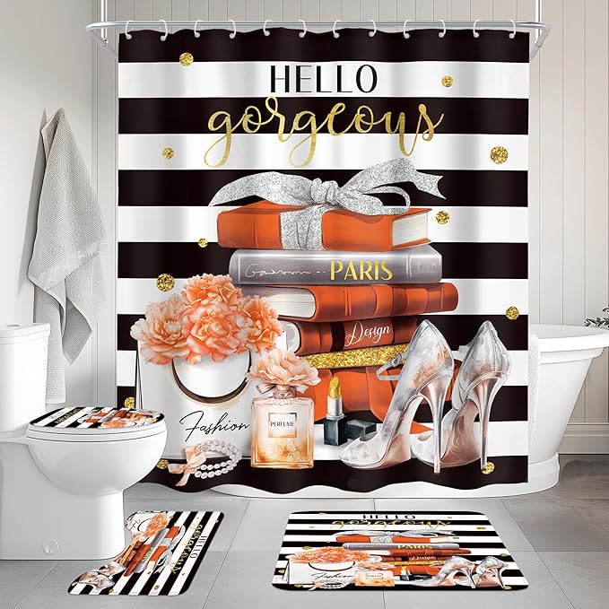 Cinbloo 4Pcs Black and Orange Shower Curtain Set, Burnt Orange Fashion Flower Perfume High Heels Books Bathroom Curtain with Rug, Toilet Lid Cover, Bath Mat, Women Girl Shower Curtain with 12 Hooks