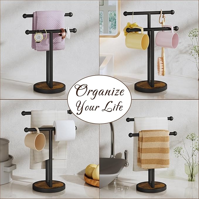 YINMIT Hand Towel Stand with Heavy Wood Base, Free Standing Towel Rack Double T-Shape Hand Towel Holder for Bathroom, Countertop Towel Holder for Bathroom, Kitchen, Countertop Vanity