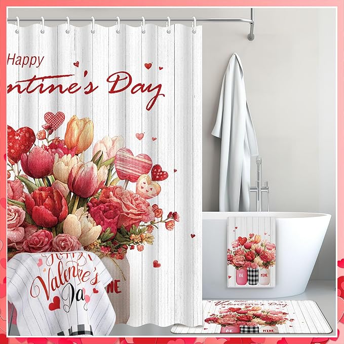 Nuanchu 6 Pcs Valentines Day Shower Curtain Set with Rug Bathroom Sets with Shower Curtain Bath Mat U Shaped Mat Toilet Lid Cover 2 Bath Towels and 12 Hooks Valentines Day Rose Heart Bathroom Decor