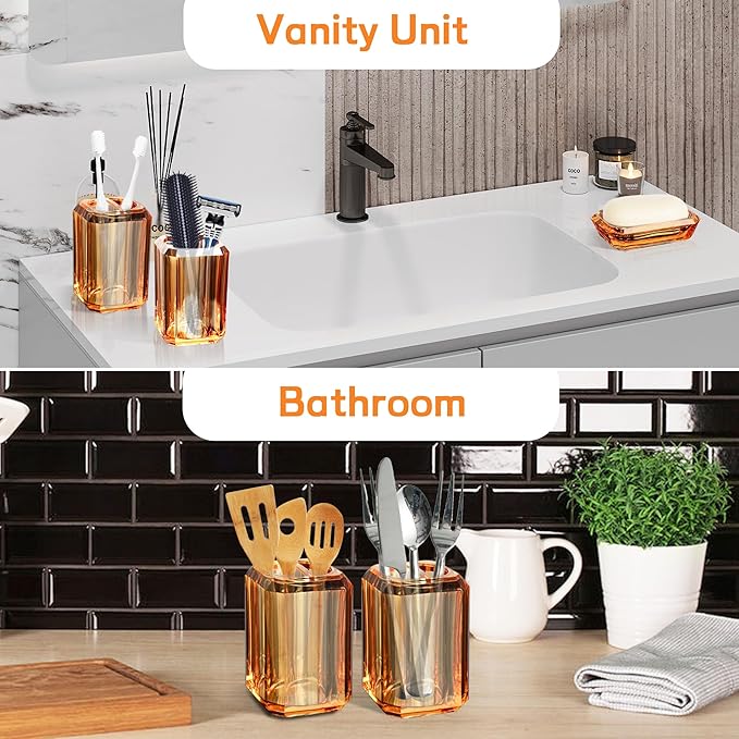 Bathroom Accessories Set,4 Pcs Premium Acrylic Bathroom Accessory Set Complete w/Lotion Soap Dispenser,Mouthwash Cup,Soap Dish,Toothbrush Holder,Orange Bathroom Decor Sets,Gift for Home Apartment